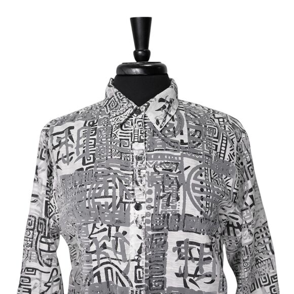 Chico's Women's Shirt Button Up Ivory Black Linen Blend Tribal Sheer Top 1 M/8 - Picture 5 of 8